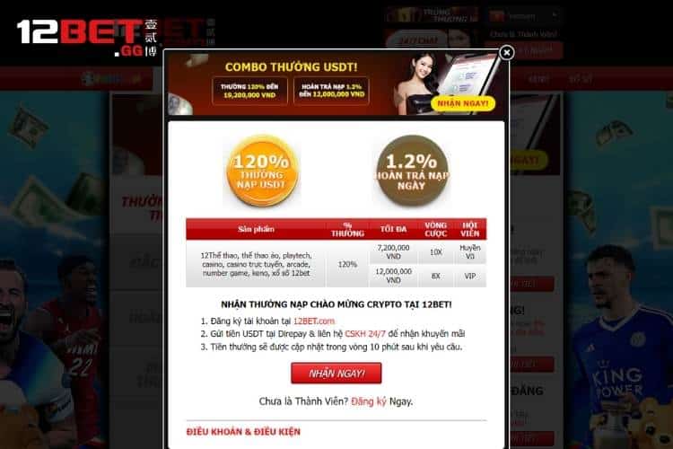 Tham gia nạp tiền qua App 12BET nhận thưởng đầu 50%